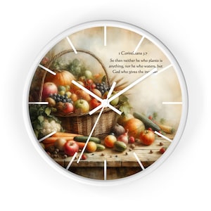 Inspirational Christian Wall Clock, Bible Verse 1 Corinthians 3:7, Fruits and Vegetables, Meaningful Gift, Housewarming, Scripture Wall Art