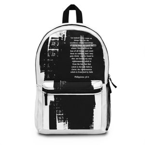 Christian Backpack, Philippians 3:8-9 Bible Verse Inspirational Motivational White and Black School Bag, Trendy Gift for Students, Religious