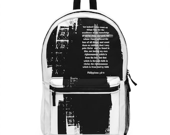 Christian Backpack, Philippians 3:8-9 Bible Verse Inspirational Motivational White and Black School Bag, Trendy Gift for Students, Religious