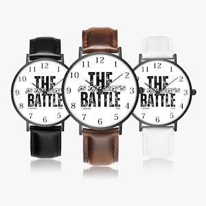 Christian Watches, Minimalist Leather Band Watch, 1 Samuel 17:47 &#39;The Battle is the Lord&#39; Bible verse Watch, Inspirational Christian Gifts