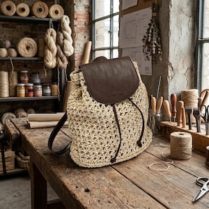 Peut inclure: Un sac à dos en paille tressée beige doté d'un rabat en cuir marron foncé et de bretelles assorties. Le sac présente un mécanisme de fermeture à cordon et un motif en maille ouverte texturé sur tout le corps principal du sac à dos.