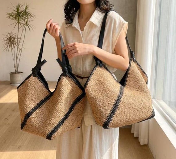 Summer Beach Bag Raffia Tote Bag Woven Raffia Bag Boho Shoulder Bag Handmade Raffia Bag Luxury Straw Bag Casual Tote