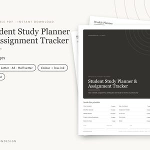 Puede incluir: Un planificador de estudios y rastreador de tareas para estudiantes de 57 páginas para imprimir. El documento presenta una portada negra con texto blanco, incluyendo el título Student Study Planner & Assignment Tracker y una lista de contenido.