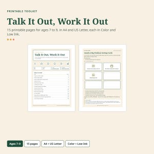 Può includere: Un kit di strumenti stampabile intitolato Talk It Out, Work It Out, che include 15 pagine per bambini dai 7 ai 9 anni nei formati A4 e US Letter. Il documento contiene un indice e una pagina di schede di smistamento problemi con testo.