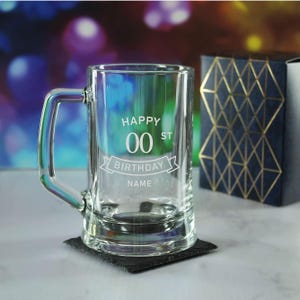 Personalised Engraved Tankard Beer Mug Stein Glass Happy 20,30,40,50th... Birthday Banner Design With Gift Box | Birthday Gifts For Him
