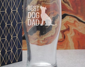 Best Dog Dad - Engraved Novelty Tulip Pint Glass With Gift Box | Dog Dad Gifts, Dog Owner, Birthday Gifts For Dad, Funny Beer Glasses