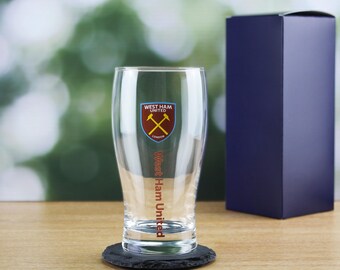Personalised Engraved West Ham 20oz Tulip Pint Beer Glass With Gift Box | Custom West Ham FC Glasses, West Ham Gifts, Gift Ideas, Drinkware