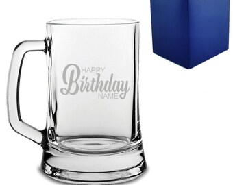 Personalised Engraved Beer Mug Tankard Glass With Happy Birthday Design & Gift Box | Birthday Gifts For Him, Gifts For Men, Dad Present