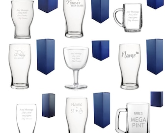 Vaso de cerveza personalizado con grabado personalizado y caja de regalo, vaso de pinta, jarra, jarra, regalo de cumpleaños para él, regalo para padrinos de boda.