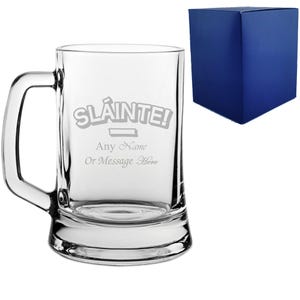 Engraved Beer Tankard with Slainte Design, Add a Personalised Message to the Reverse
