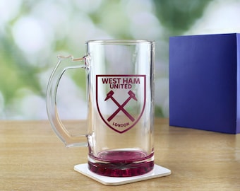 Personalised Engraved Official West Ham 20oz Beer Mug Glass With Gift Box | Custom West Ham Gifts, Beer Glasses, Gifts For Him