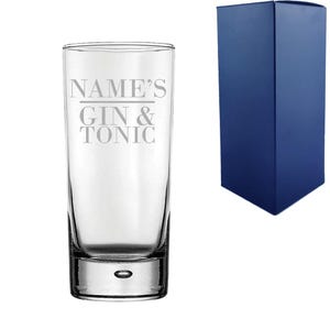 Personalised Engraved Novelty Bubble Hiball Tumbler, &quot;Name&#39;s Gin and Tonic&quot;, Gift Boxed, The Perfect Gift for Gin Lovers for Birthdays,