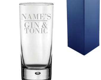 Personalised Engraved Novelty Bubble Hiball Tumbler, "Name's Gin and Tonic", Gift Boxed, The Perfect Gift for Gin Lovers for Birthdays,