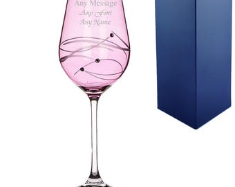 Personalised Engraved Pink Diamante Wine Glass With Spiral Design Cutting & Gift Box | Birthday Gifts For Her, Bridesmaid Gift, Mum Gift