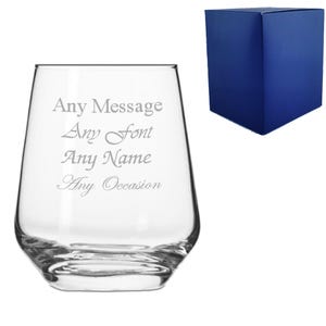 May include: A clear glass wine glass with a rounded bottom and a wide mouth. The glass is engraved with the text "Any Message Any Font Any Name Any Occasion".