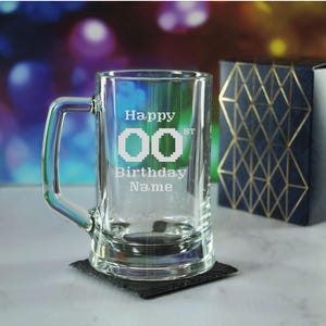 Personalised Engraved Tankard Beer Mug Stein Happy 20,30,40,50th... Birthday Pixelated Design With Gift Box | Birthday Gifts For Him/Men/Dad