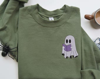 Ghost Reading Book Embroidered Sweatshirt, Bookish Halloween Crewneck
