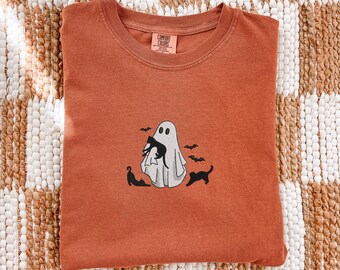 Ghost Holding Cat Embroidered T-Shirt, Comfort Colors