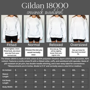 Pu&ograve; includere: Una felpa bianca a girocollo Gildan 18000 mostrata in quattro stili: aderente, normale, rilassato e oversize. L'immagine include testo con istruzioni sulle taglie, composizione in 50% cotone e 50% poliestere e una tabella delle taglie in pollici.