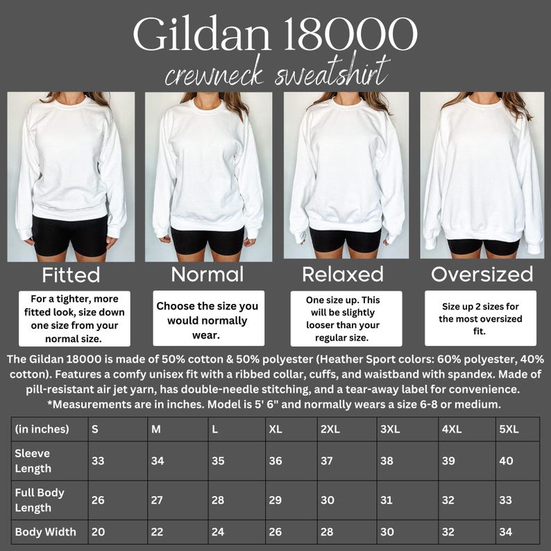 Pu&ograve; includere: Una felpa bianca a girocollo Gildan 18000 mostrata in quattro stili: aderente, normale, rilassato e oversize. L'immagine include testo con istruzioni sulle taglie, composizione in 50% cotone e 50% poliestere e una tabella delle taglie in pollici.