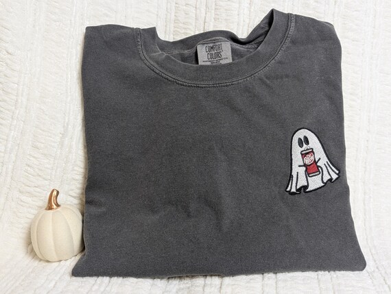 Embroidered Ghost With Dr. Pepper Shirt, Cute Ghost Shirt, Dr. Pepper Lover Shirt