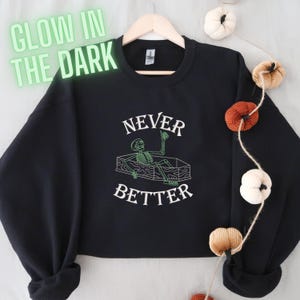 Könnte beinhalten: Schwarzer Pullover mit einem im Dunkeln leuchtenden Design, das ein Skelett in einem Sarg mit dem Text "Never Better" zeigt.