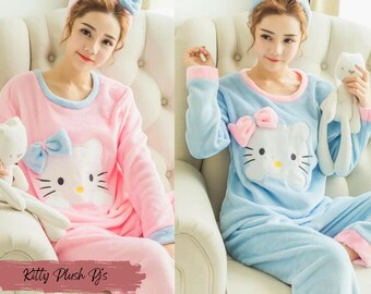 Cute Hello Kitty Children Pajamas Set Anime Sanrio Flannel Nightwear Cartoon Warm Thicken In Winter Kids Plush Clothes Birthday Gift