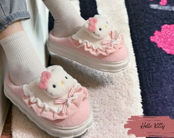 Hello Kitty Slippers and Friends Plush Cosy Loungewear- Kawaii Sanrio Cinnamoroll My Melody and Kuromi Characters - Womens Warm Home
