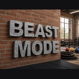 May include: Large, three-dimensional silver letters mounted on a red brick wall spelling out the phrase BEAST MODE. The letters have a textured, metallic appearance and are arranged in two rows, with BEAST on top and MODE on the bottom.