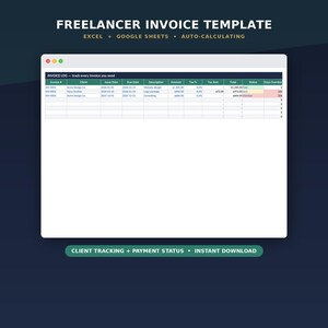 Può includere: Un modello di fattura per freelance per Excel e Google Sheets che mostra una tabella di registro fatture con colonne per numero fattura, cliente, date, descrizione, importo, tasse, totale, stato e giorni di ritardo.