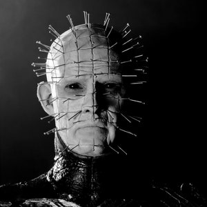 May include: A black and white image of a person with a grid pattern on their face and a large number of pins protruding from their head. The person is wearing a black leather collar.