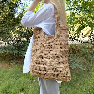 Crochet Beige Tote Bag for Woman, Raffia Shoulder Bag