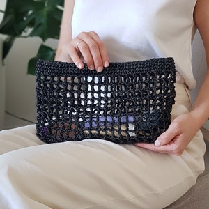 Häkeln Mesh Clutch Tasche für Frau, gewebte schwarze Stroh Sommer Handtasche, Fischnetz Geldbörse, Weihnachtsgeschenk, erste Muttertagsgeschenk