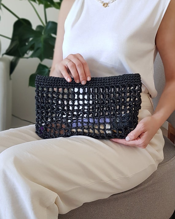 crochet fish net purse Crochet Mesh Clutch Bag for Woman, Woven Black Straw Summer Handbag, Fishnet  Purse