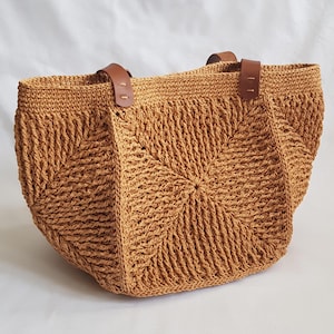 Handmade Raffia Tote Bag with Leather Straps, Eco-Friendly Large Crochet Shoulder bag, gift for her, Christmas Gift, Mother&#39;s Day Gifts