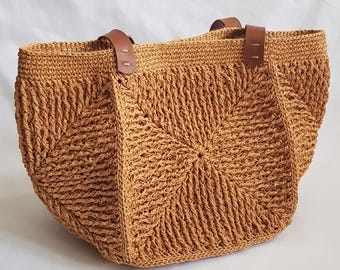 Handmade Raffia Tote Bag with Leather Straps, Eco-Friendly Large Crochet Shoulder bag
