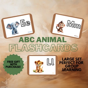 Flashcards de animais ABC para crianças | Aprenda alfabeto e animais | Tamanhos Pequeno + Grande | Cartões educativos para crianças