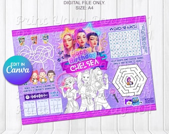 K-Pop Demon Hunters Birthday Activity Placemat | Editable & Downloadable | Featuring the Huntrix