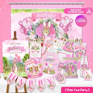 Kit di decorazioni per feste con coniglietto rosa di Peter, cartellini per bomboniere e borse per biglietti d’invito sullo sfondo del coniglietto flopsy