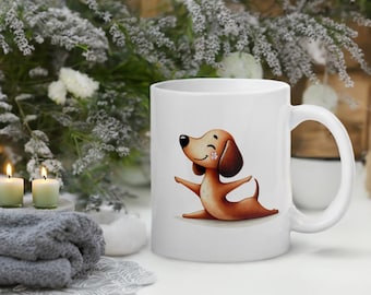 Sausage Dog Yoga Mug - 11oz Ceramic Coffee Cup with Cute Dachshund Design | Yoga Lover Gift for Dog Lovers | Dishwasher & Microwave Safe