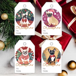 Set von 8 druckbaren Französische Bulldogge Geschenkanhänger | Festliche Geschenkaufkleber Aquarell Hunde | Instant Download Urlaub Geschenkanhänger