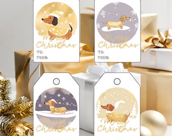 Printable Sausage Dog Christmas Gift Tags - Gold Winter Wonderland Theme, Digital Download, Festive Dachshund Holiday Labels, Eco-Friendly