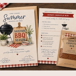 May include: A watercolor-style card set with a summer BBQ theme. The main card features a grill, cutting board, and text "Backyard BBQ Season." A recipe card and a packet of Honey Chipotle Rub are also included.