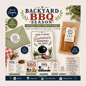 May include: A Backyard BBQ Season editable Canva template bundle featuring a 5x7 postcard, recipe card, open house sign, envelope sticker, and spice rub tag. The design includes text, illustrations of a black grill, and red checkered patterns.