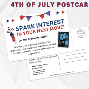 May include: A 4th of July postcard with the text "SPARK INTEREST IN YOUR NEXT MOVE!" and "Let the fireworks begin!". The postcard includes a small image of Pop Rocks candy and a place for a stamp.
