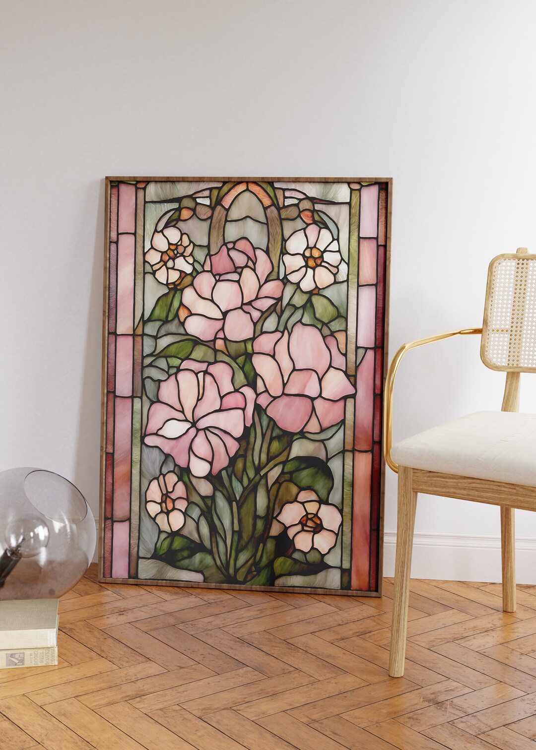 Stained Glass Floral Art Digital Print of Pink Flowers, Modern Vibrant