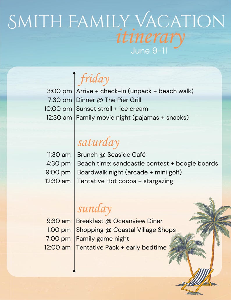 Beach Vacation Itinerary Template | Editable Canva Planner (digital ...