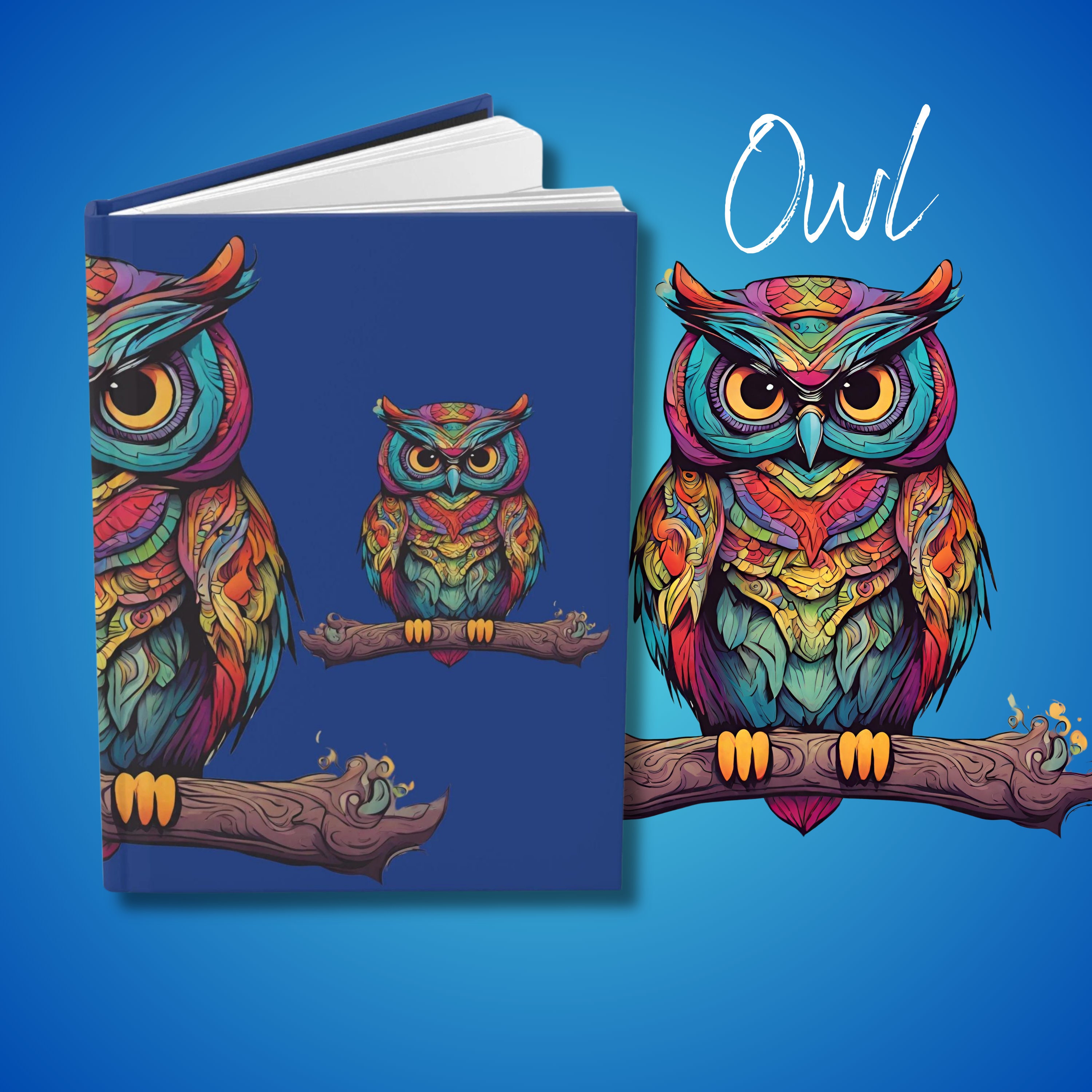 Owl Spirit Animal, Chilled Out Relaxed, Zen Personal Hard Backed Journal, Blue Notebook Book, Shadow