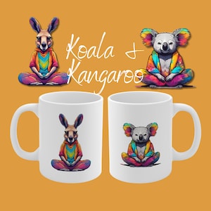 May include: White ceramic mugs featuring a kangaroo and a koala bear, each depicted in a meditative pose and wearing colorful robes. The image includes the text "Koala + Kangaroo" in a handwritten style, set against an orange background.