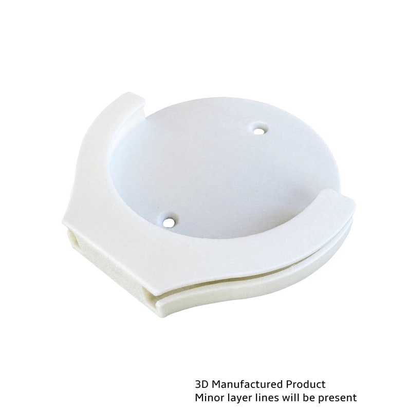 May include: White plastic wall mount with two holes for hanging. The mount is designed to hold a round object, such as a clock or a plate.